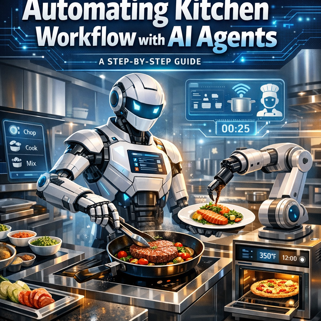 Futuristic AI robots efficiently managing cooking and food preparation in a kitchen.