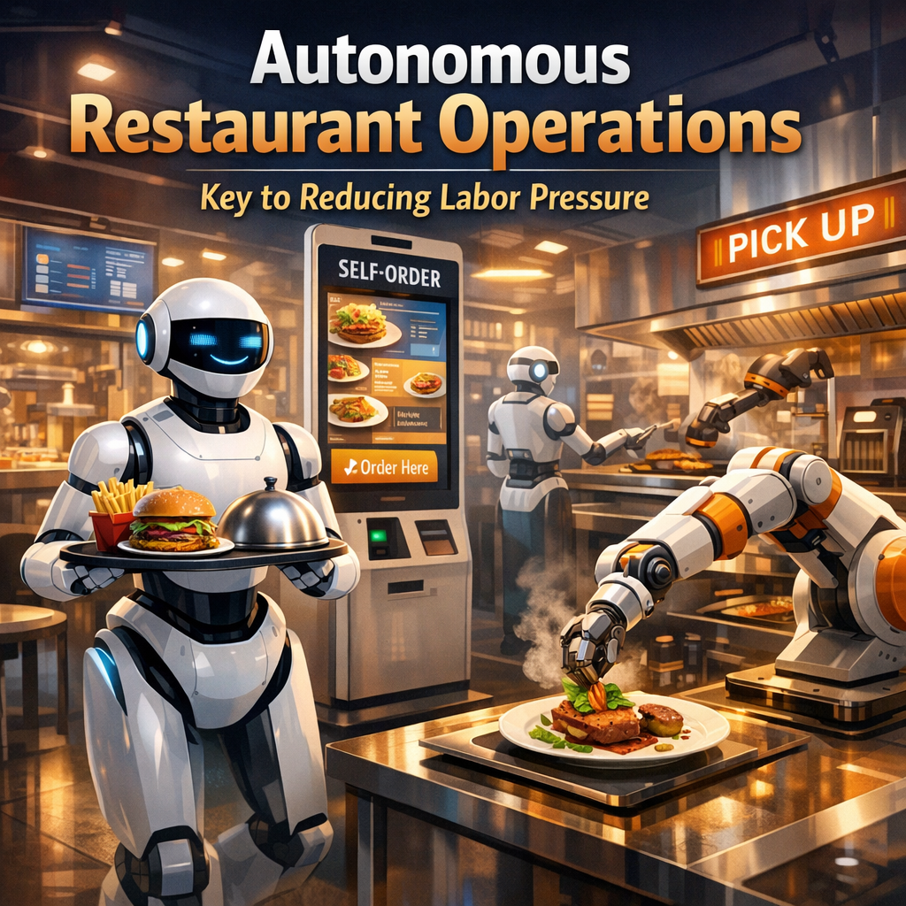 Robots preparing food, self-ordering kiosks, and automated pick-up in a busy high-tech restaurant.