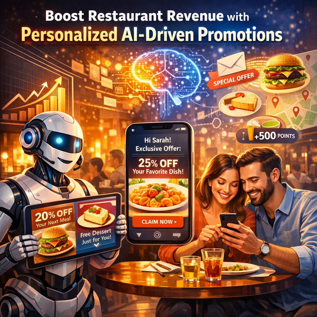 AI-driven promotion displayed on a digital screen in a bustling restaurant, attracting customers.