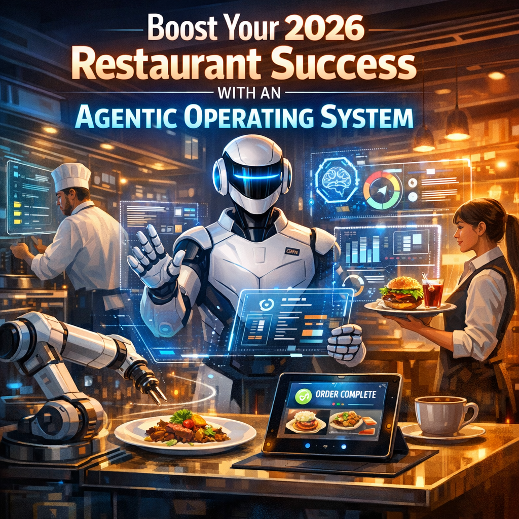 Futuristic restaurant kitchen with a robot chef using an agentic operating system.