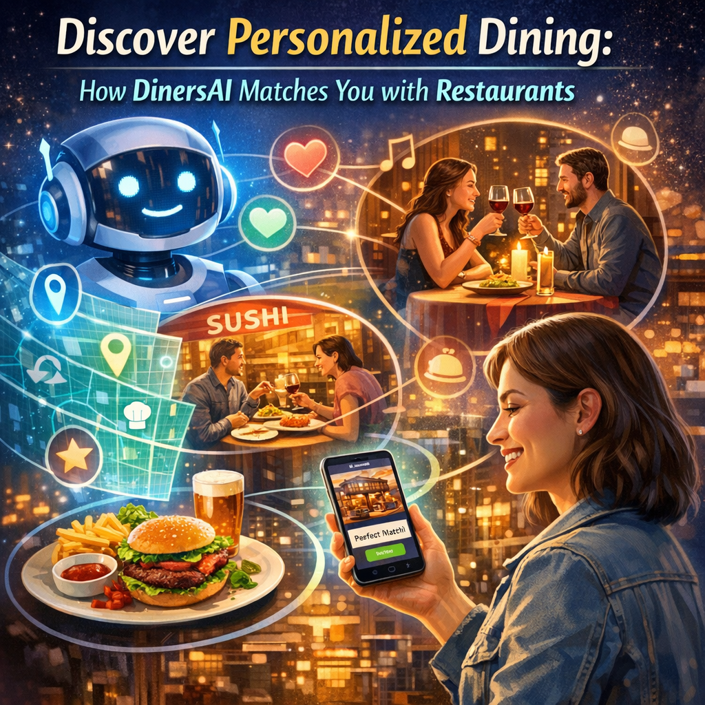 Illustration of diverse people dining at a restaurant recommended by DinersAI.