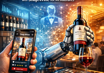 A digital tablet displaying the Snap.Wine app interface on a restaurant table, surrounded by glasses of wine.
