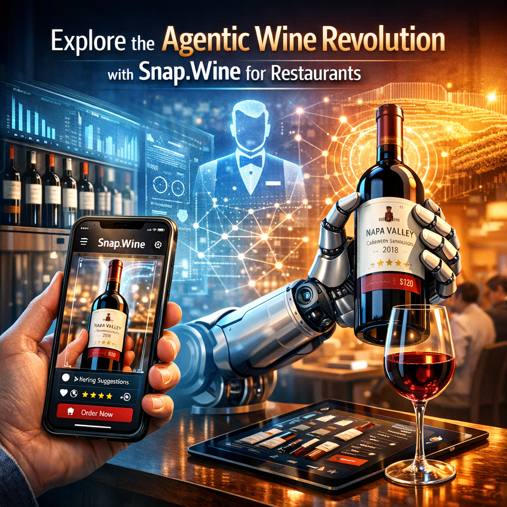 A digital tablet displaying the Snap.Wine app interface on a restaurant table, surrounded by glasses of wine.
