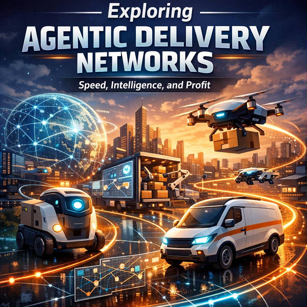 Futuristic cityscape with drones, autonomous robots, and smart vans representing Agentic Delivery Networks.