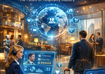 Futuristic hotel lobby with AI and guest intelligence technology displays.