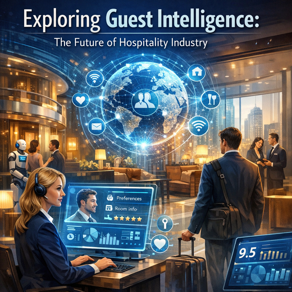Futuristic hotel lobby with AI and guest intelligence technology displays.