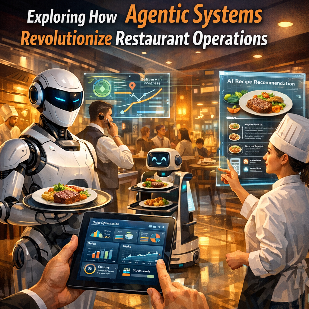 Futuristic restaurant with robots and advanced technology optimizing operations.