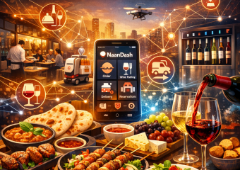 Digital display of the NaanDash app featuring icons for food and wine pairings on a smartphone.