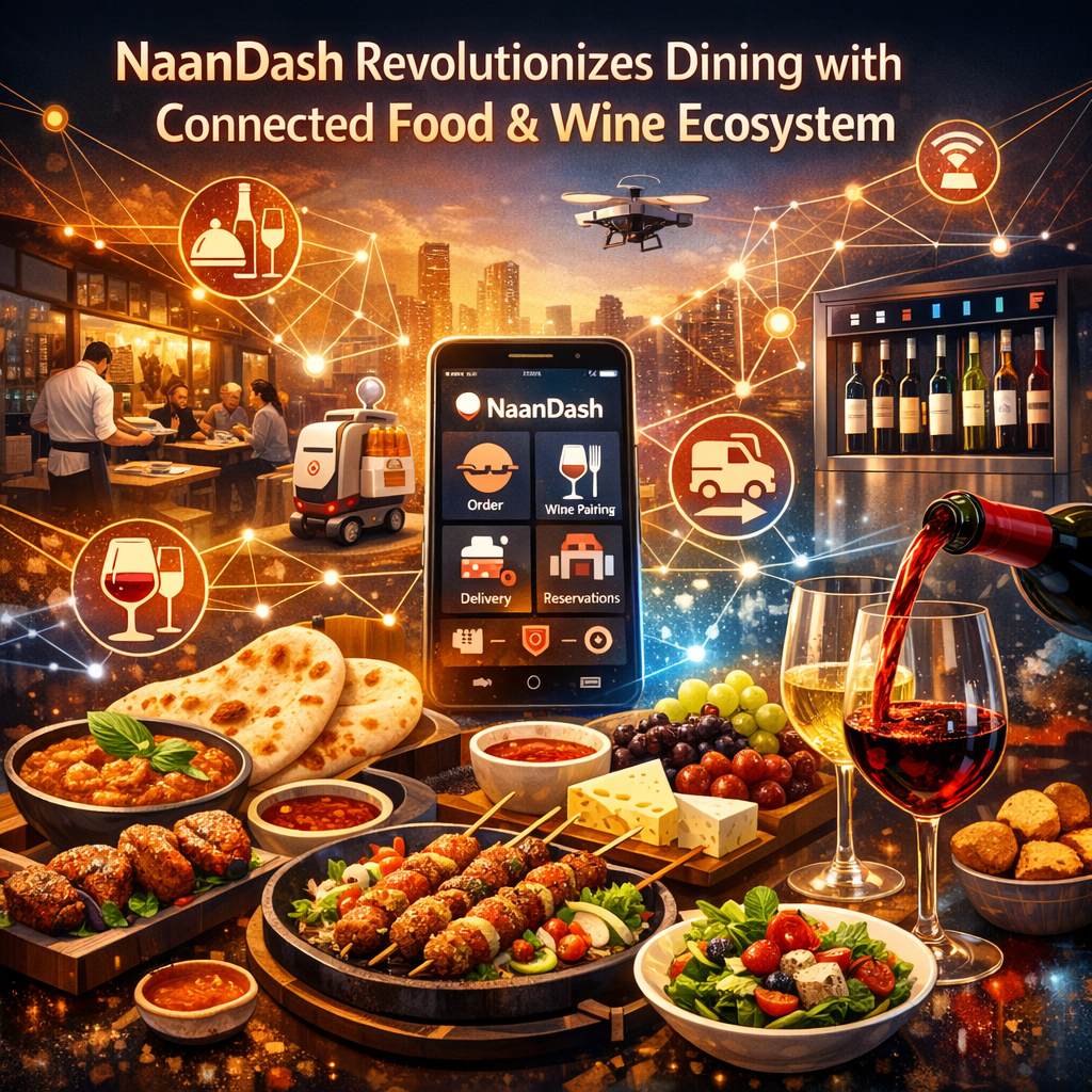 Digital display of the NaanDash app featuring icons for food and wine pairings on a smartphone.