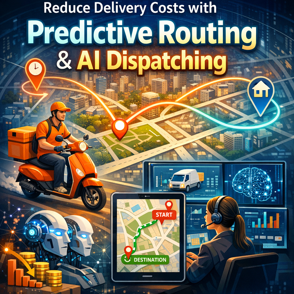 Illustration of a map with routes optimized by AI dispatching and predictive routing technology.