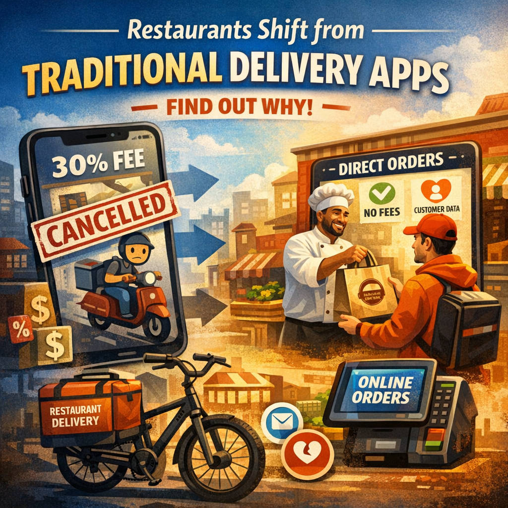 Graphic showing restaurants switching from traditional delivery apps to direct online ordering systems.
