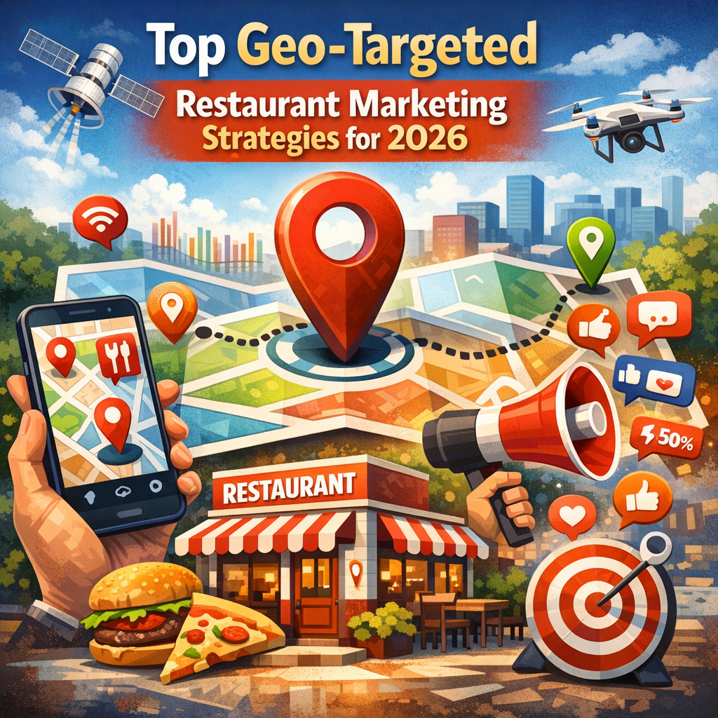 A digital map displays various geo-targeted marketing strategies for restaurants in 2026.