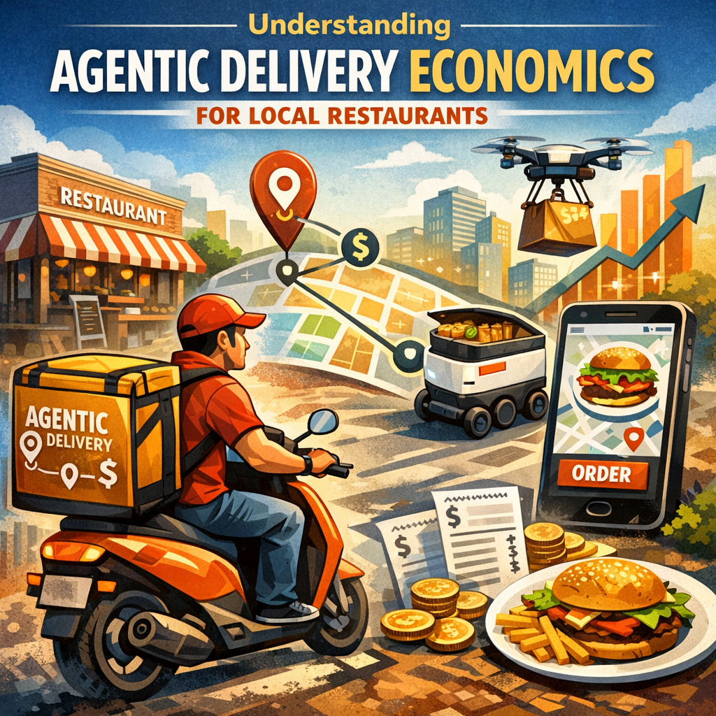 Illustration of various stages of agentic delivery process in local restaurants.