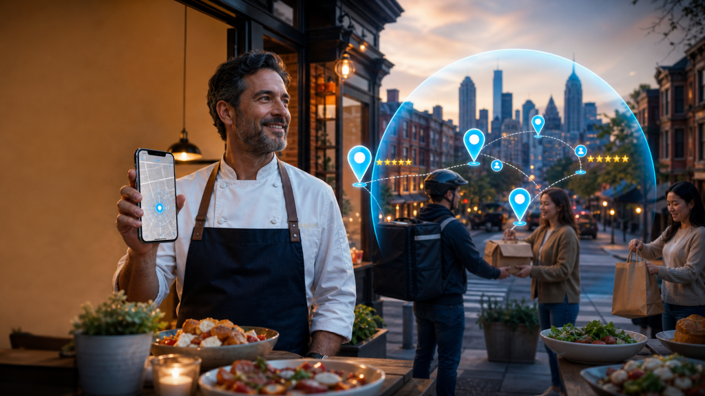 Chef displays a map app as a courier delivers food, with location pins and ratings overlaid on a city street