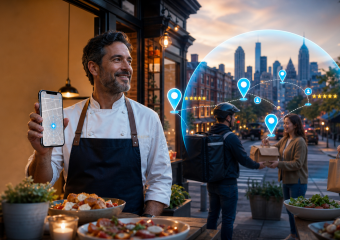 Chef displays a map app as a courier delivers food, with location pins and ratings overlaid on a city street