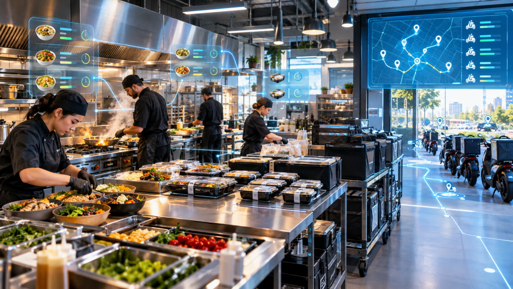 Commercial kitchen staff prepare packaged meals for delivery, with delivery scooters and a route-tracking display