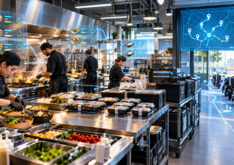 Commercial kitchen staff prepare packaged meals for delivery, with delivery scooters and a route-tracking display