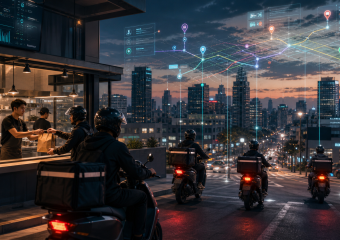 Food delivery riders collect orders from a restaurant against a cityscape with digital route overlays