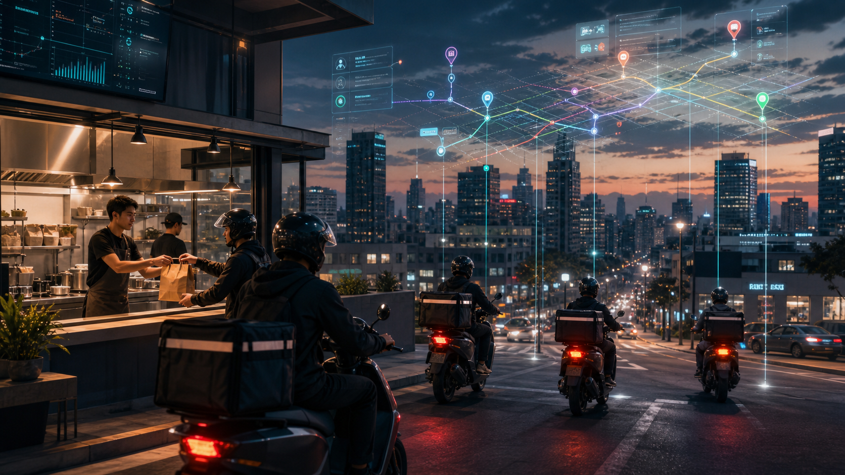 Food delivery riders collect orders from a restaurant against a cityscape with digital route overlays