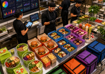 Kitchen staff prepare boxed burgers, salads, and desserts while monitoring digital dashboards