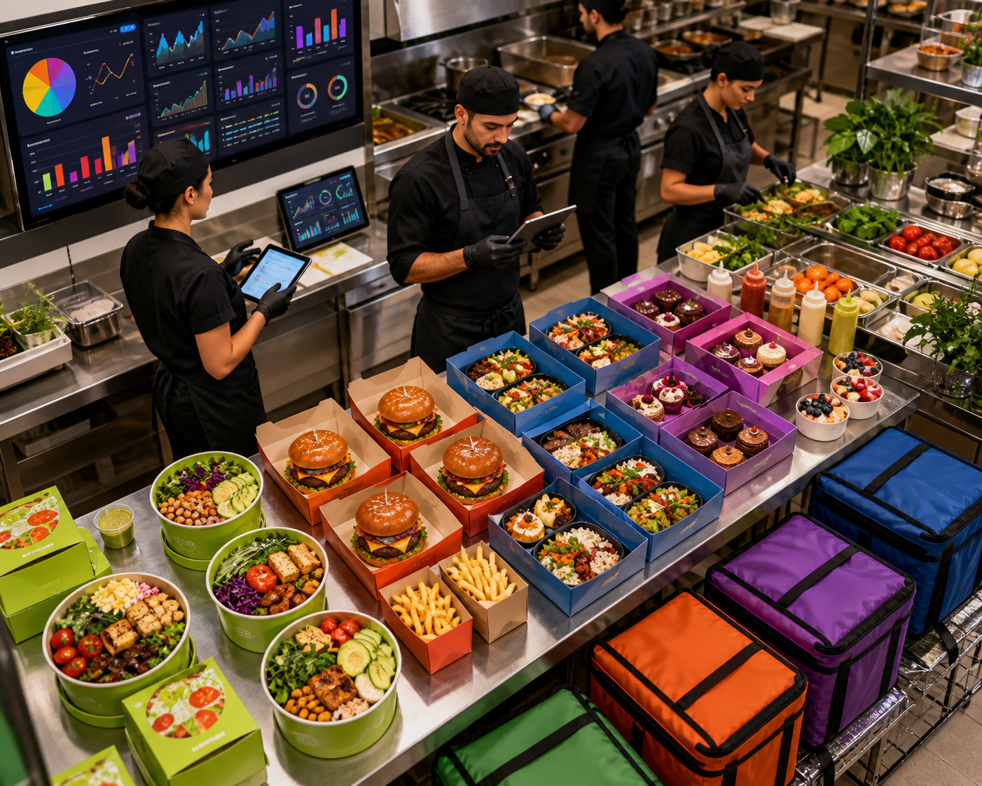 Kitchen staff prepare boxed burgers, salads, and desserts while monitoring digital dashboards