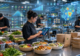 Kitchen staff prepare salads while a chef uses a tablet amid digital food-service analytics displays