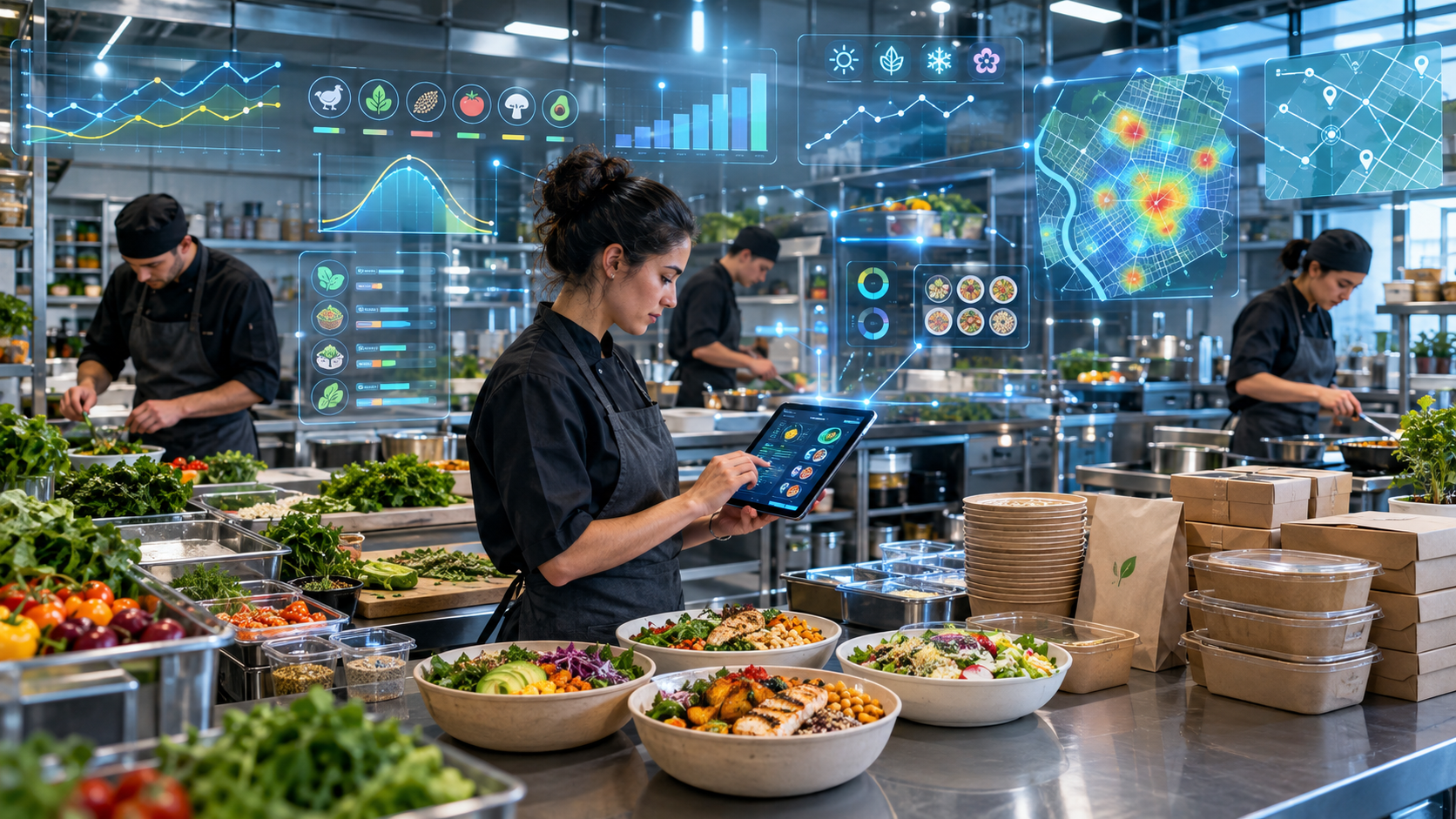 Kitchen staff prepare salads while a chef uses a tablet amid digital food-service analytics displays