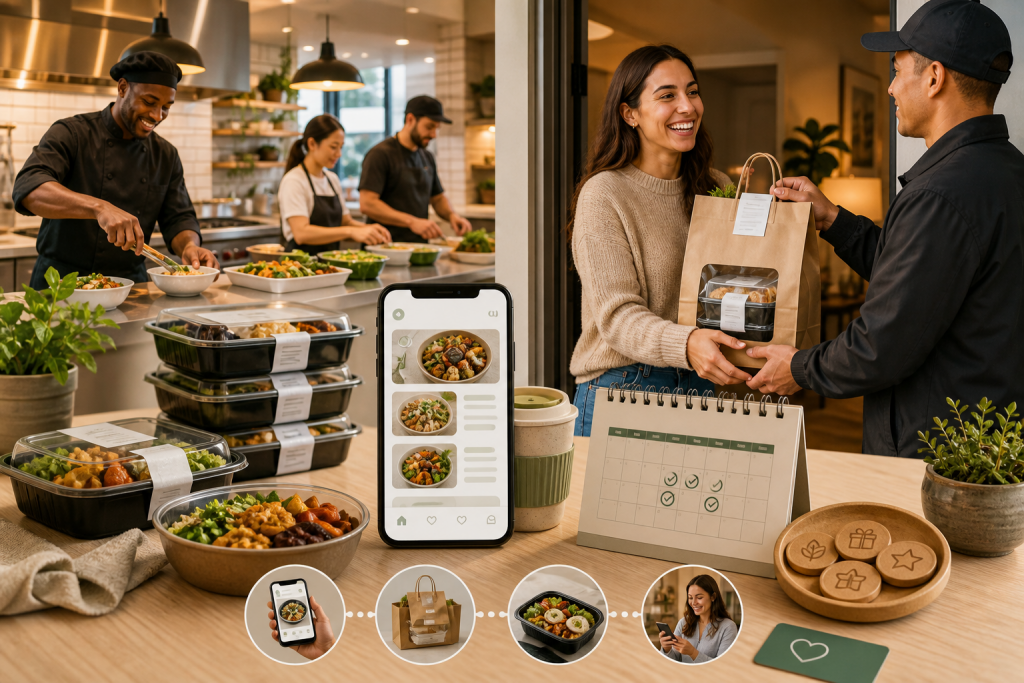 Meal delivery service shown from kitchen preparation through app ordering, packaging, and customer delivery