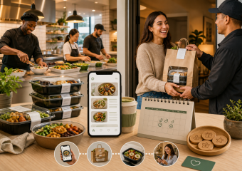 Meal delivery service shown from kitchen preparation through app ordering, packaging, and customer delivery