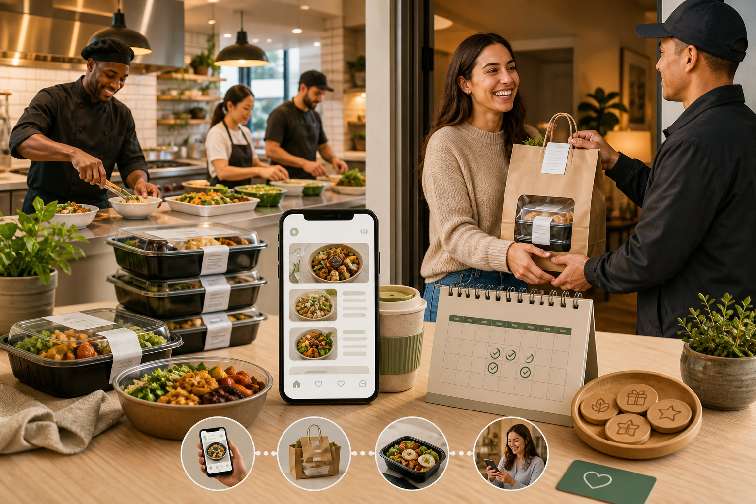Meal delivery service shown from kitchen preparation through app ordering, packaging, and customer delivery