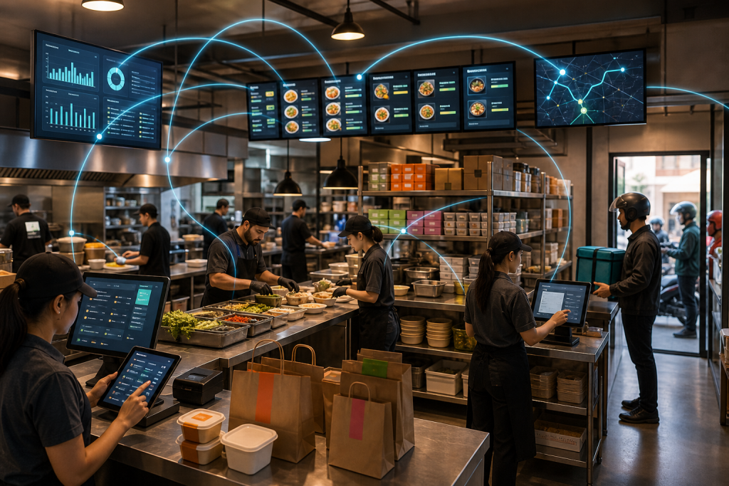 Restaurant kitchen staff prepare orders while digital screens and network lines depict connected operations