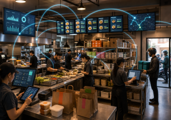 Restaurant kitchen staff prepare orders while digital screens and network lines depict connected operations