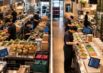 Restaurant kitchen staff prepare salads, burgers, and other meals along two assembly lines