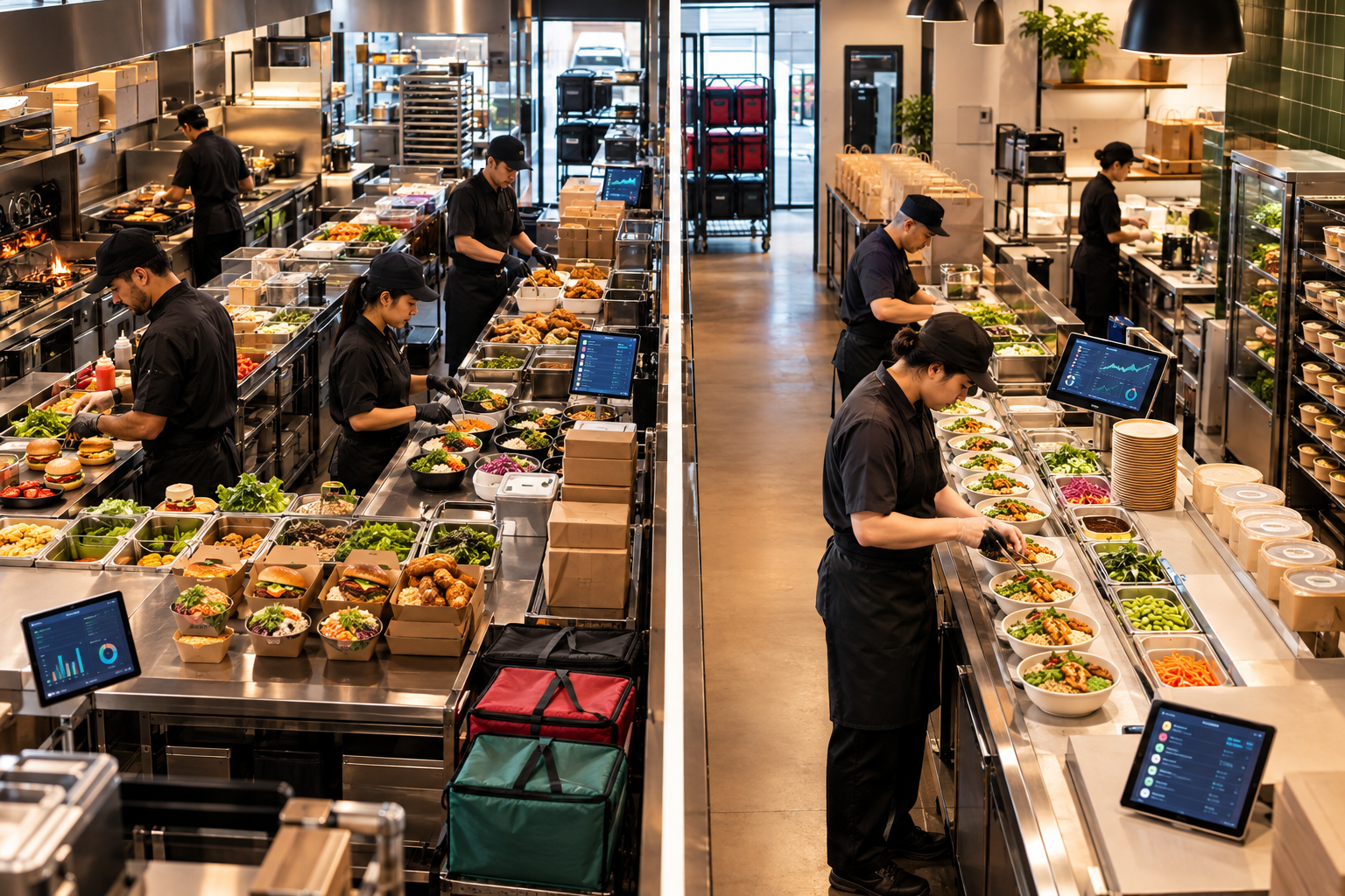 Restaurant kitchen staff prepare salads, burgers, and other meals along two assembly lines