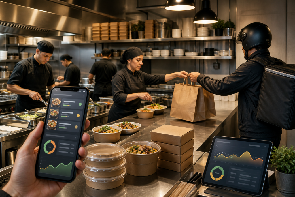 Restaurant staff prepare meals while a delivery courier receives an order; smartphone and tablet display order analytics