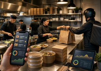 Restaurant staff prepare meals while a delivery courier receives an order; smartphone and tablet display order analytics