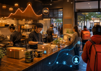 Restaurant staff prepare takeout orders as orange demand data and blue delivery network graphics overlay the scene