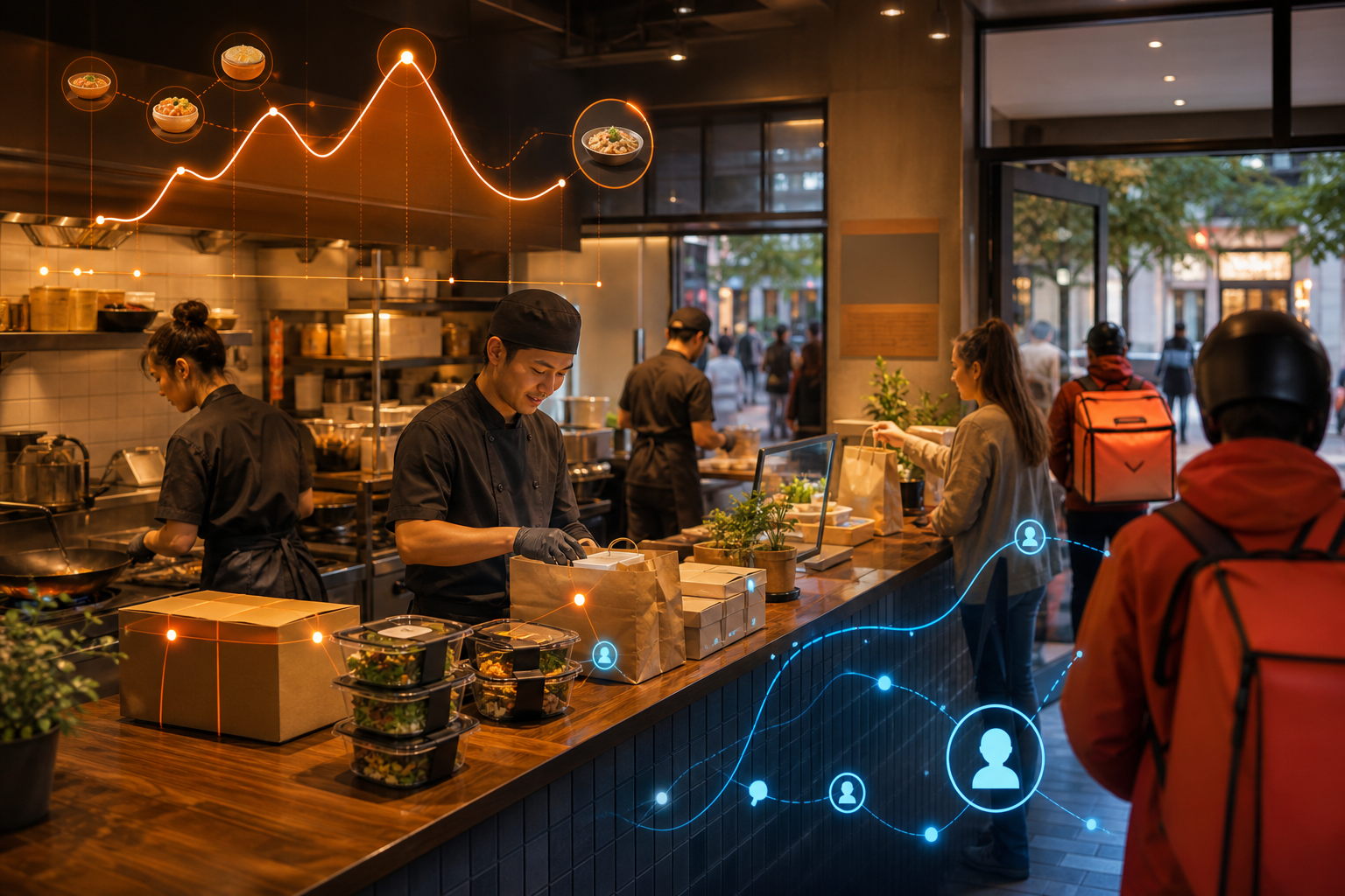 Restaurant staff prepare takeout orders as orange demand data and blue delivery network graphics overlay the scene