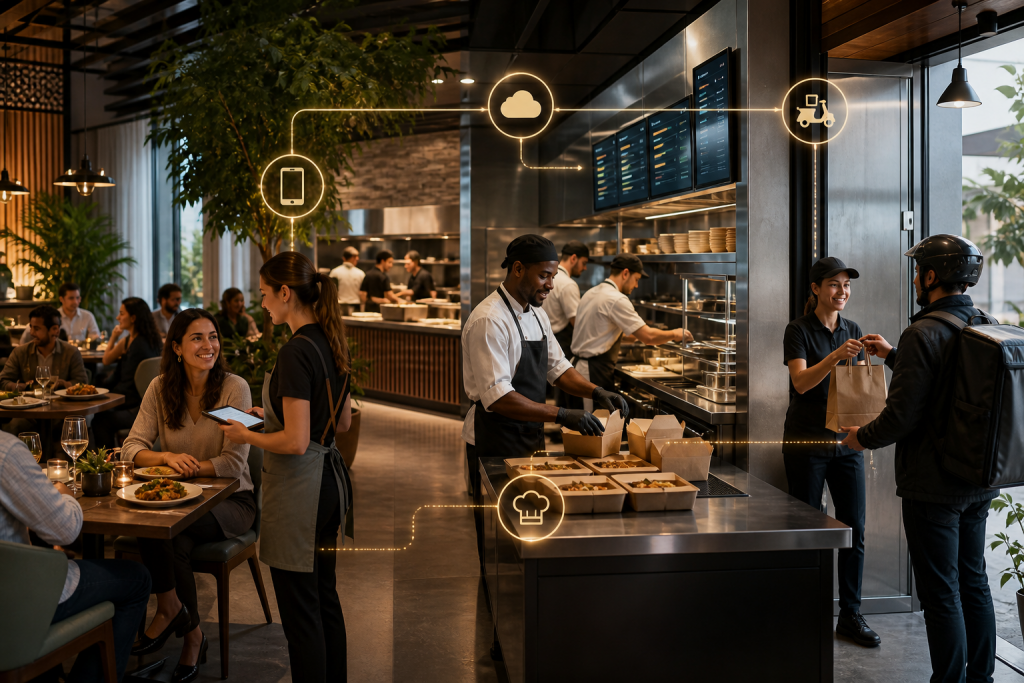 Restaurant staff serve diners, prepare takeout orders, and hand a delivery order to a courier