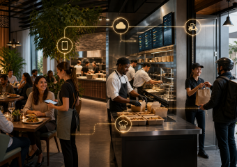 Restaurant staff serve diners, prepare takeout orders, and hand a delivery order to a courier