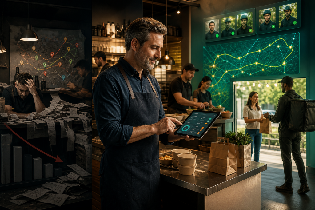 Split scene contrasts a struggling café buried in paperwork with an organized café using delivery technology