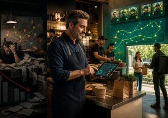 Split scene contrasts a struggling café buried in paperwork with an organized café using delivery technology