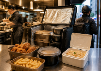 Takeout meal with fried chicken, fries, rice, and sauces packed beside an insulated delivery bag