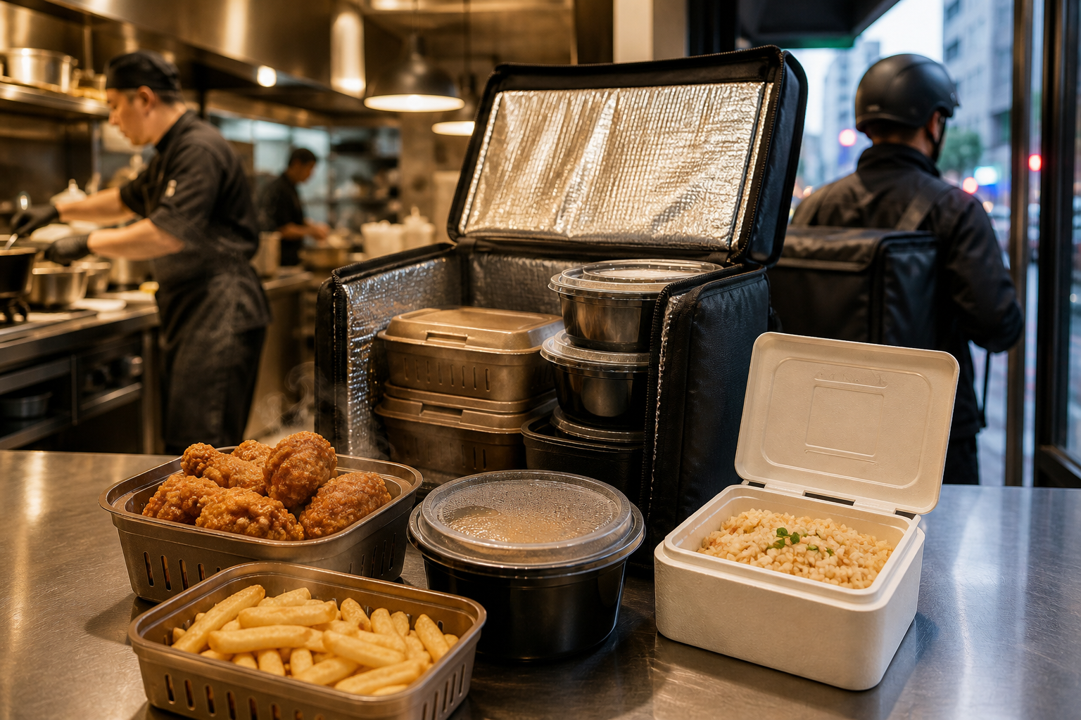 Takeout meal with fried chicken, fries, rice, and sauces packed beside an insulated delivery bag