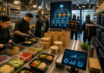 Workers prepare packaged meals in a commercial kitchen while delivery couriers wait
