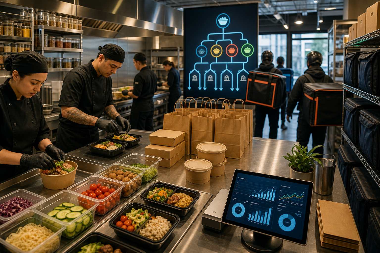 Workers prepare packaged meals in a commercial kitchen while delivery couriers wait